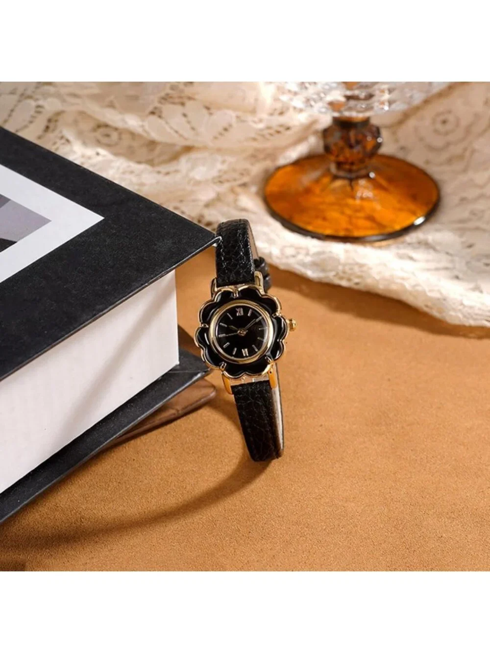 Women's Black Leather Strap Elegant Floral-Shaped Creative Small Wrist Watch_5